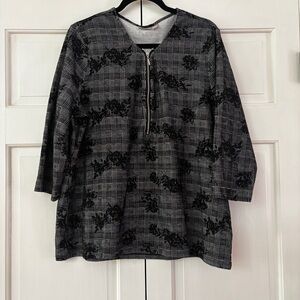 Chico's Size‎ 3 Monochrome Plaid Floral 1/2 Zip Top Textured Shirt Chicos XL